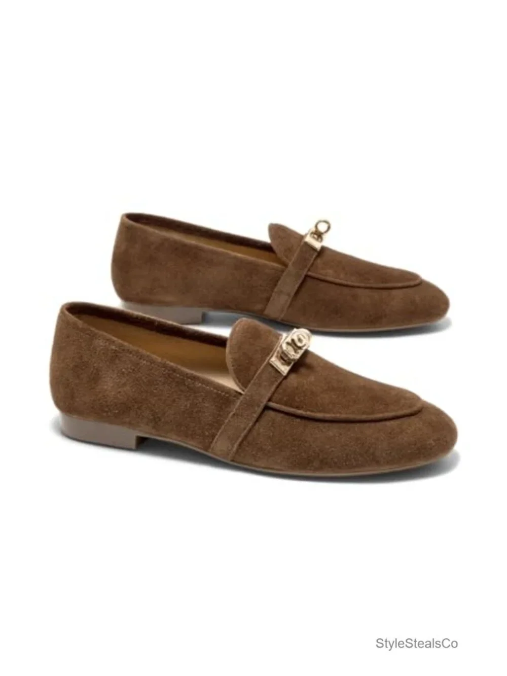 Suede Leather Loafers with Metal Buckle Slip-On Low Heel Work Shoes